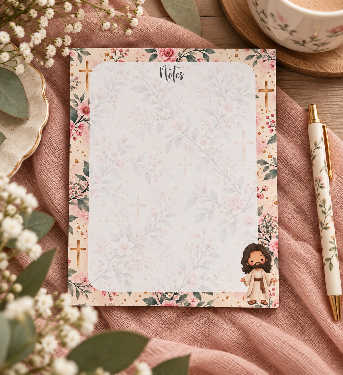 Faith and florals 4x5 notepad with floral border, golden crosses, and illustrated Jesus