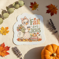Fall for Jesus sticker featuring Grace the Goose surrounded by autumn leaves, pumpkins, and books