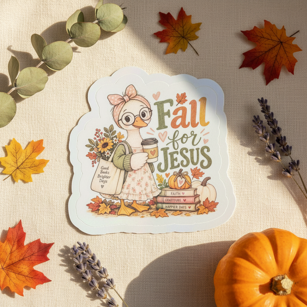 Fall for Jesus sticker featuring Grace the Goose surrounded by autumn leaves, pumpkins, and books